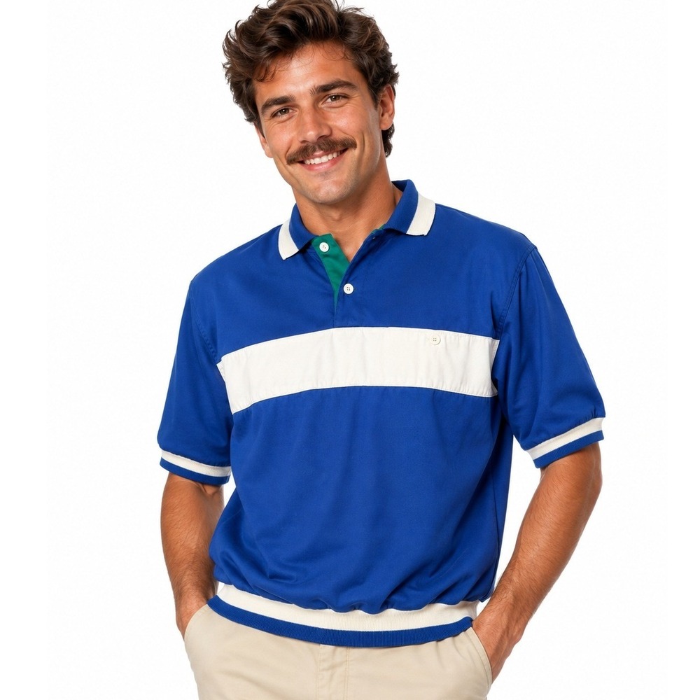 Vintage Pierre Cardin Mens Colorblock Polo Blue White Banded Hem 80s Retro | M